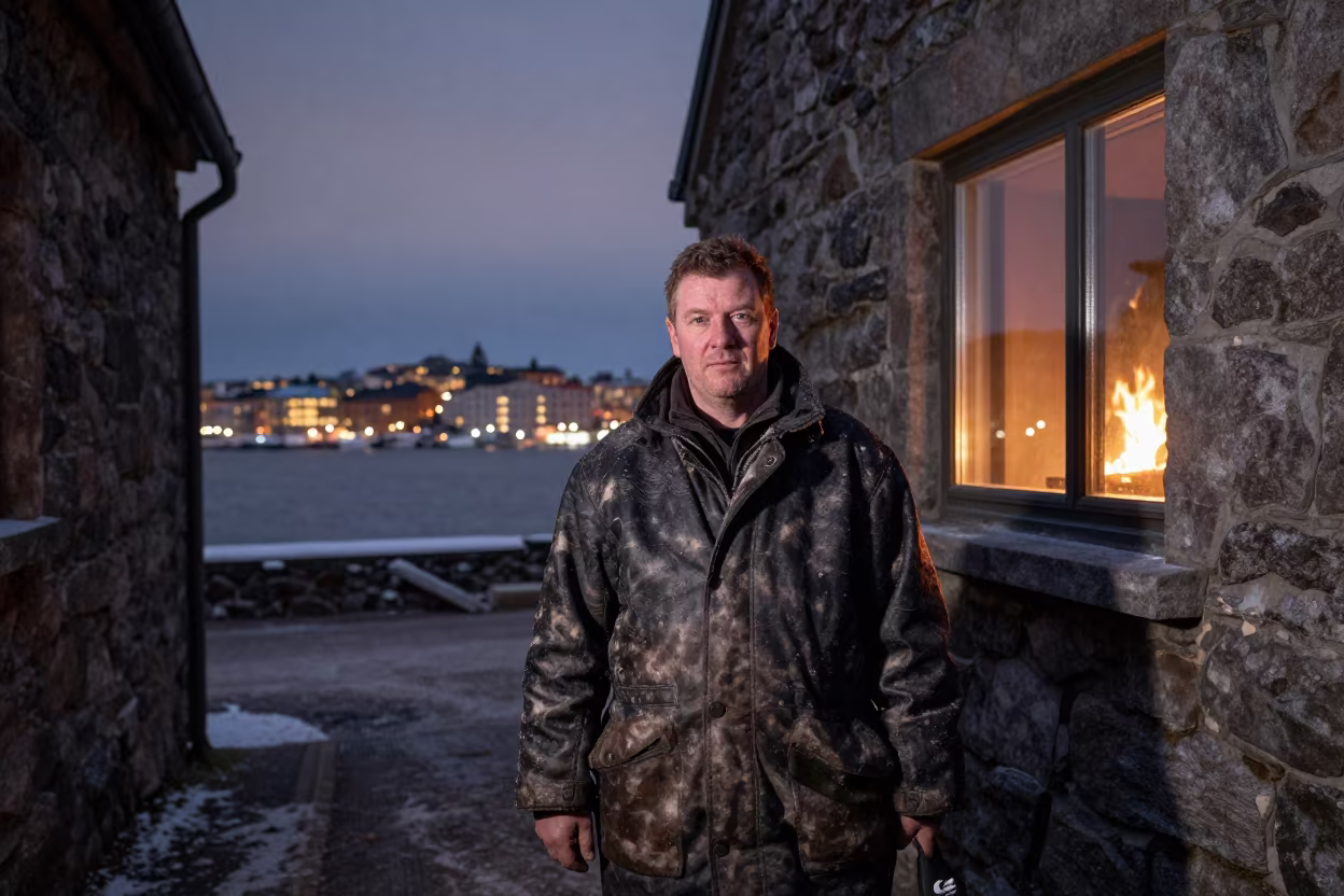 Arctic Fisherman Portrait in Helsinki Alley in in a narrow stone alley near Toolo, Helsinki