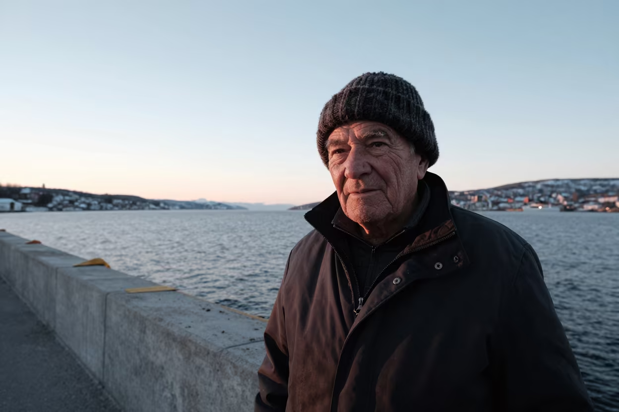 Arctic Fisherman Portrait at Oslo Dawn in beside a harbor wall near Oslo