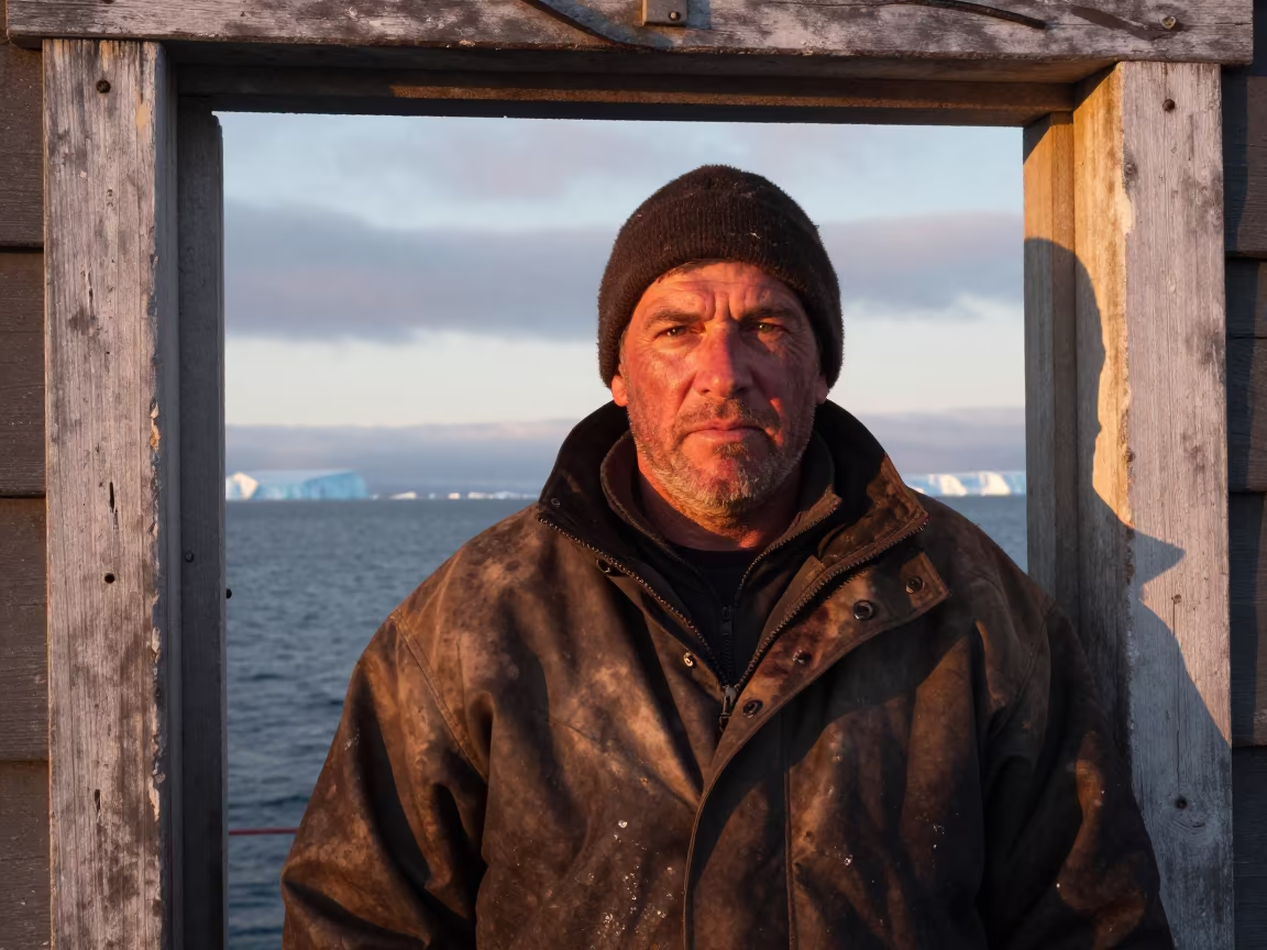 Arctic Fisherman Weathered Face Before Sunrise in against a weathered doorway near Anchorage