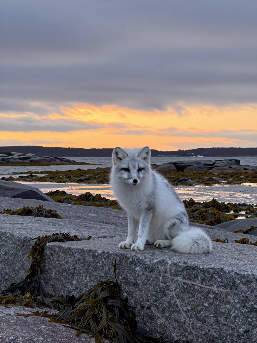 Arctic Fox on Finnish Winter Rock at Sunset in beside a tidal inlet in Finland