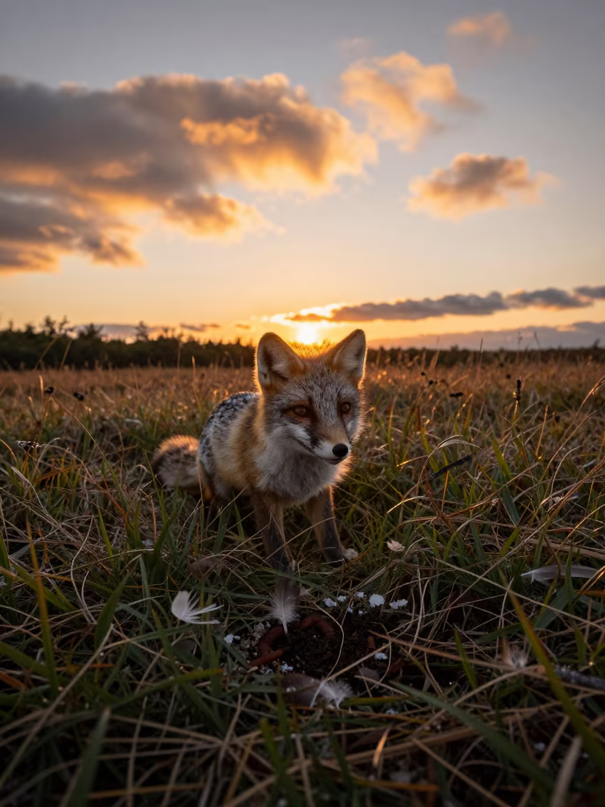 Arctic Fox in Hokkaido Meadow at Orange Sunset in in Hokkaido
