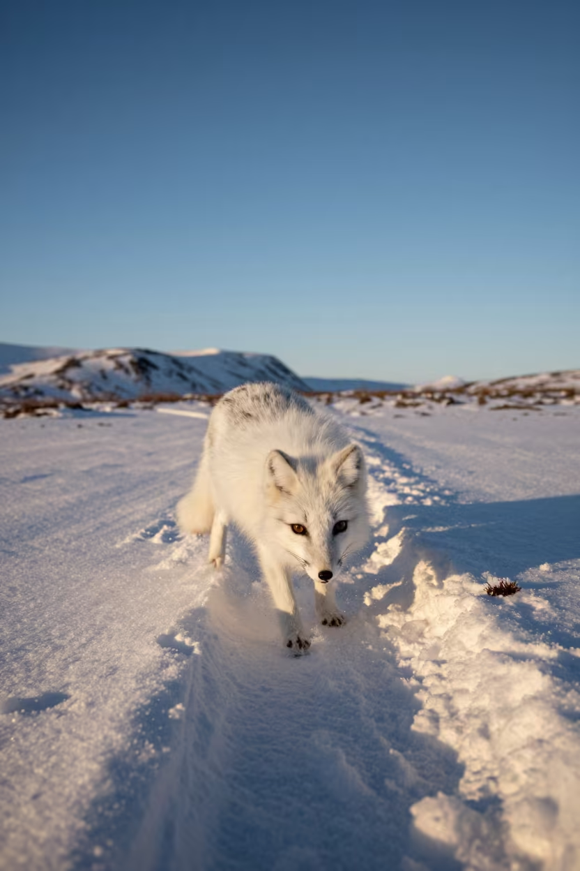 Arctic Fox Pouncing Headfirst in Icelandic Snow in along a game trail in Iceland