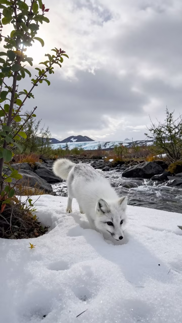 Arctic Fox Pouncing Into Snow Near Anchorage in above a glacial stream near Anchorage