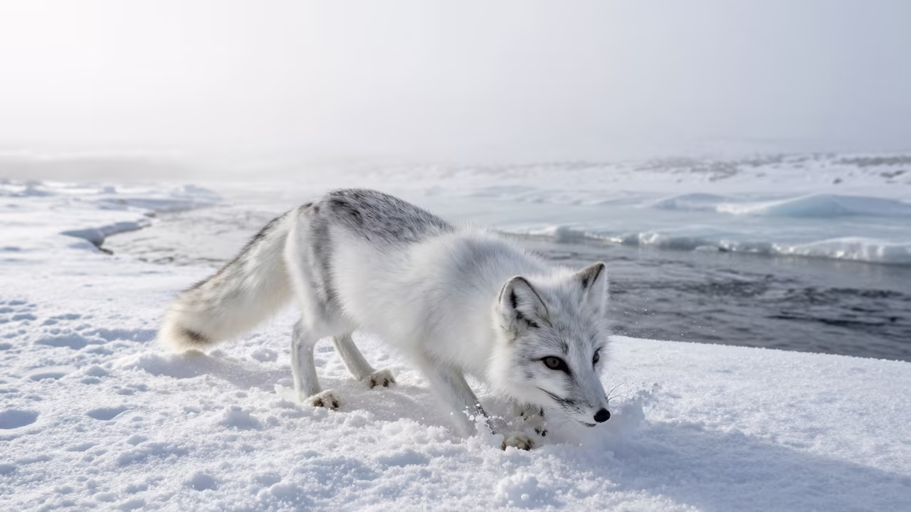 Arctic Fox Pouncing Into Snow Headfirst in above a glacial stream near Murmansk