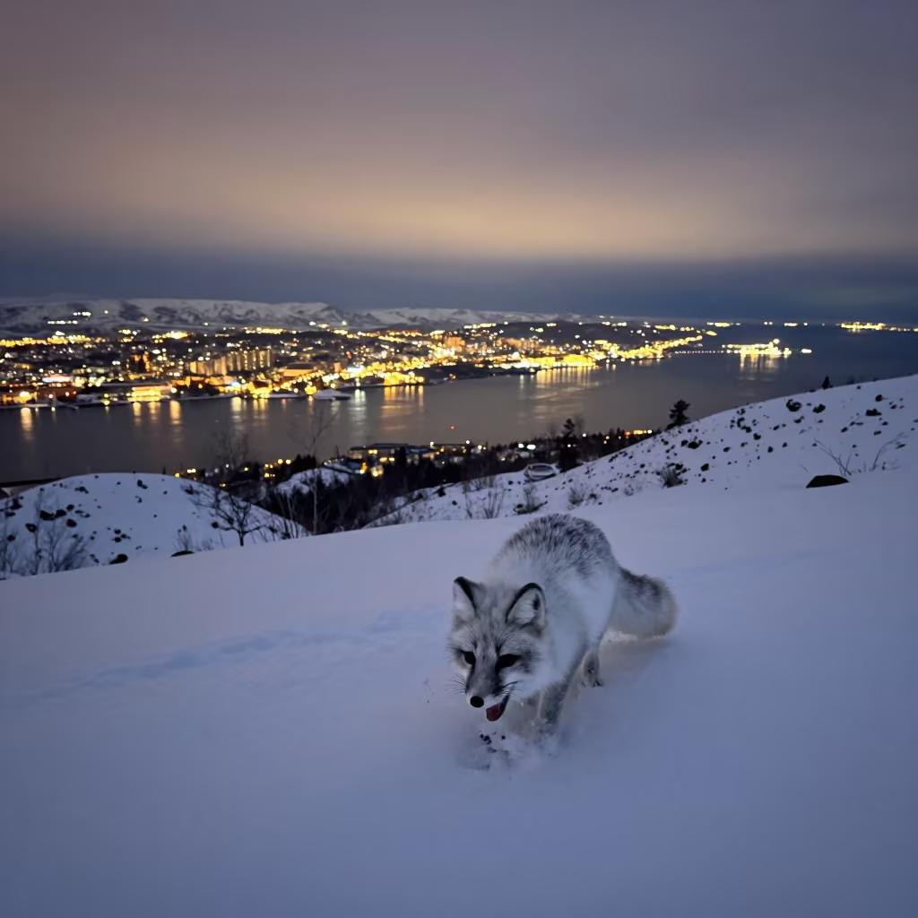 Arctic Fox Pouncing Into Snow on Yukon Ridge in on a wind-scoured ridge in Yukon