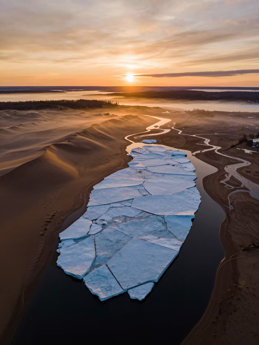 Arctic Ice Ridges Above Finnish Dunes at Sunset in above dune fields and dry wadis near Helsinki