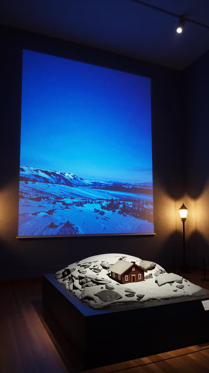 Arctic Midnight Twilight Museum Display in on a museum plinth in Murmansk