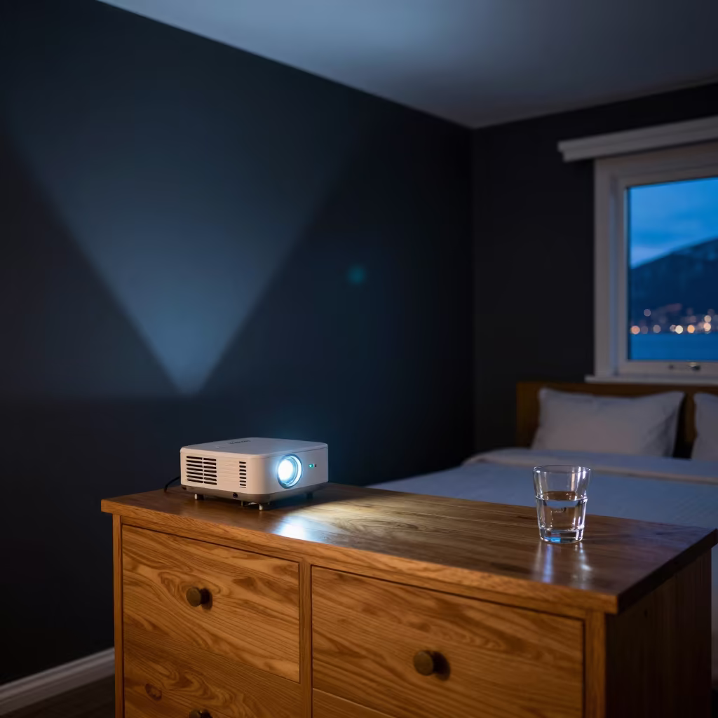 Arctic Midnight Twilight Projector Glow in on a hotel dresser in Tromsø
