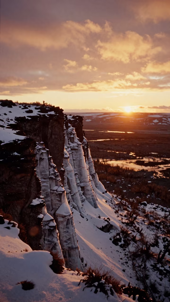 Arctic Permafrost Cliff Silhouetted in Amber Sunset in across a floodplain after rain in Russia