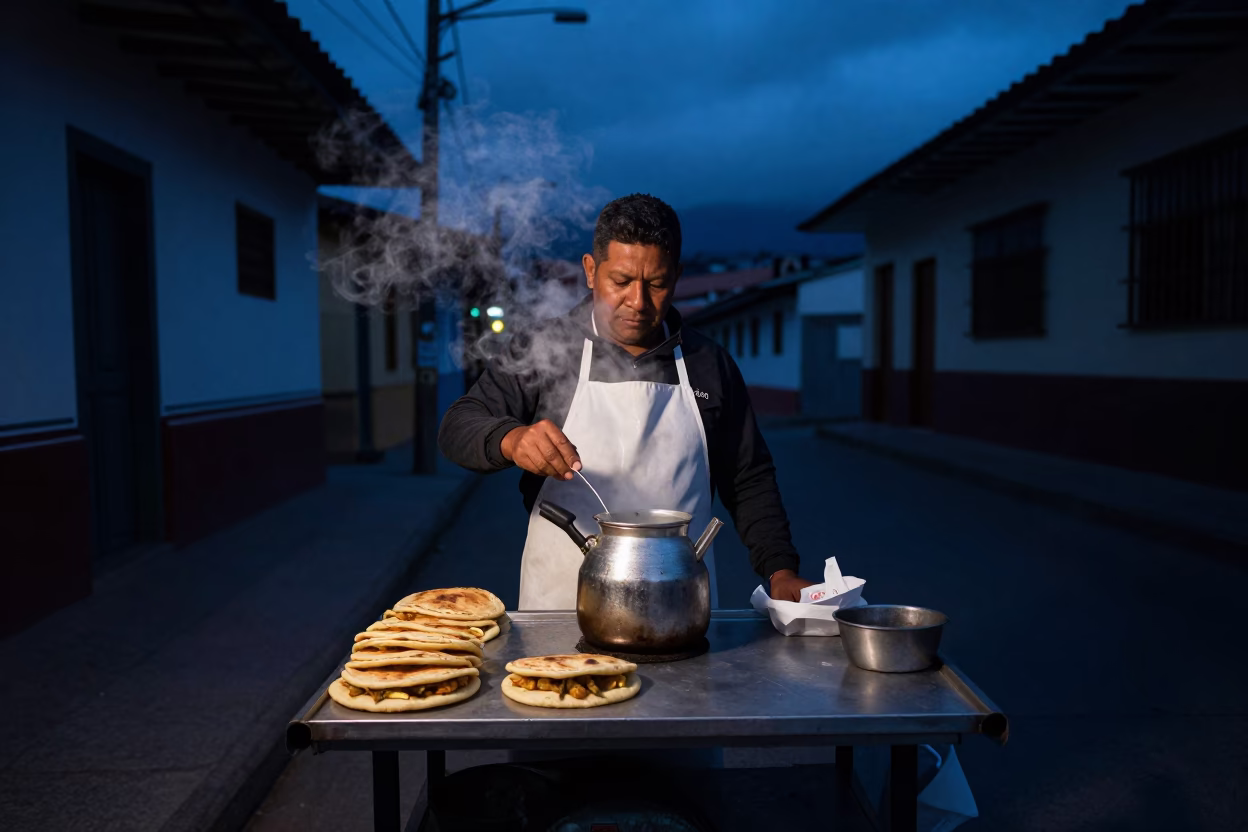 Arepas in Medellin at The Predawn Darkness Light in in Medellin, Colombia