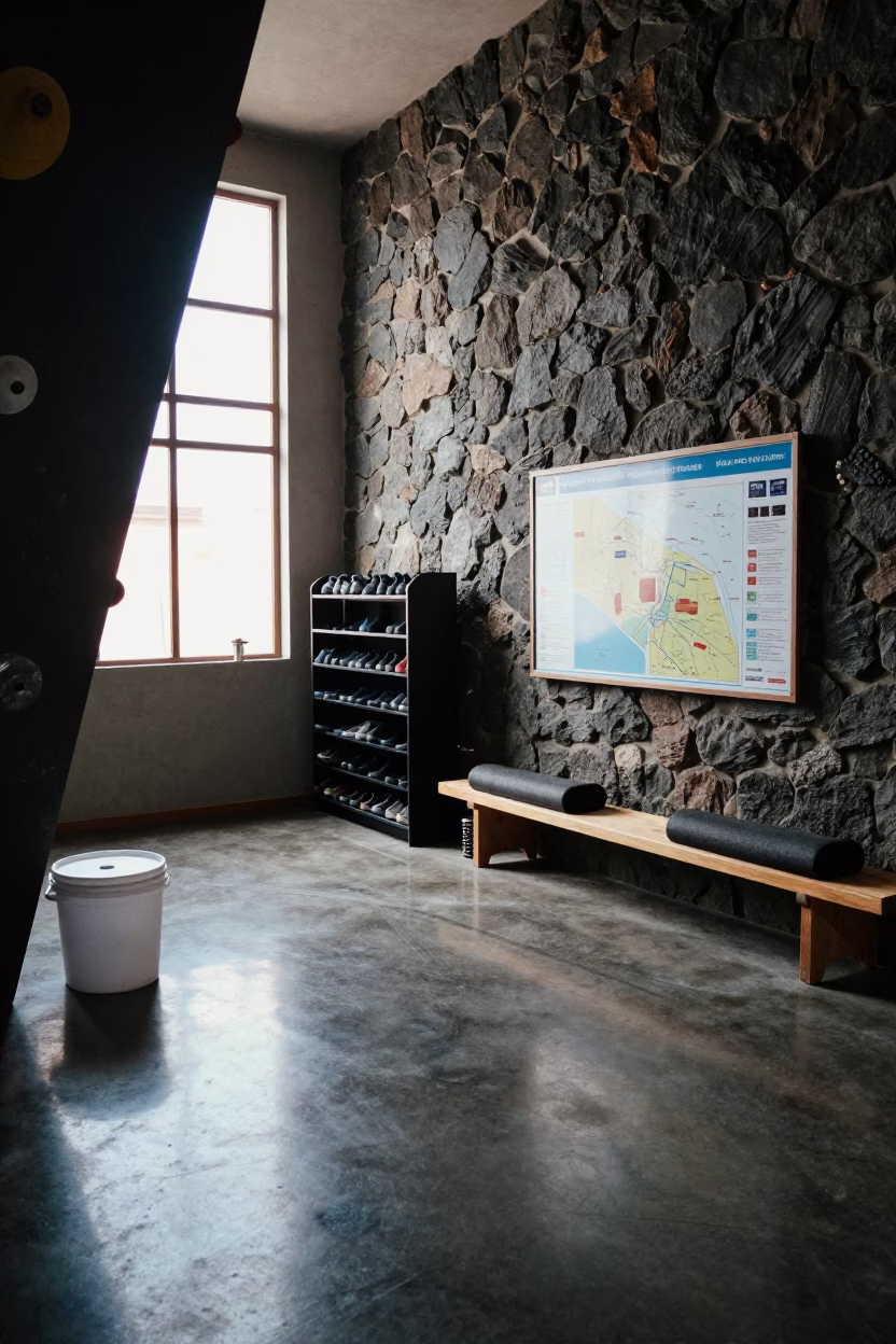 Arequipa Climbing Lounge Late Afternoon Sidelight in inside a recovery lounge beside foam rollers near Arequipa