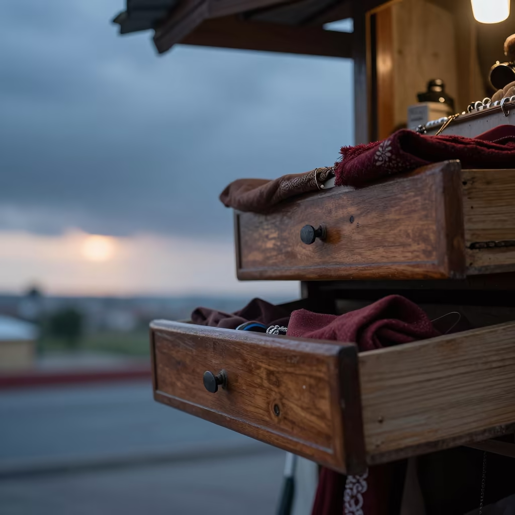 Arequipa Jewelry Cloth Drawer at Blue Hour in beneath a shop awning at blue hour in Arequipa