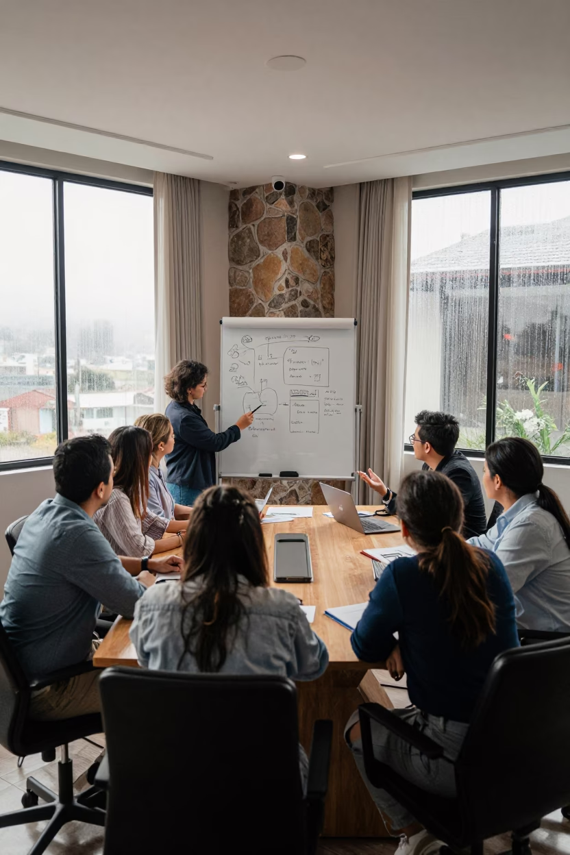 Arequipa Office Sales Huddle Morning Light in inside a conference room in Arequipa