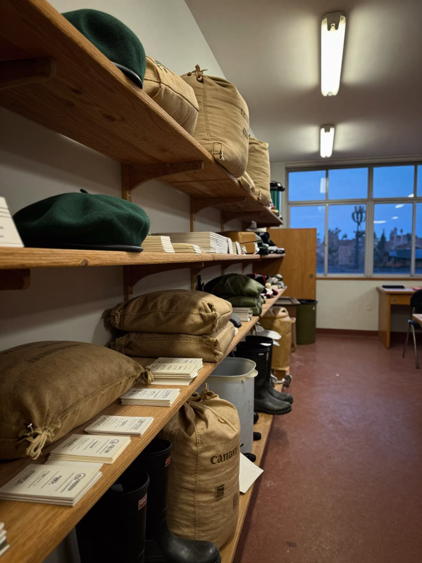 Argentine Barracks Beret Shelf Under Fluorescent Light in inside a briefing room in Argentina
