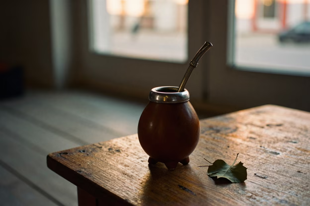 Argentine Yerba Mate Gourd Evening Light in on a rustic wooden table in Çerkezköy district