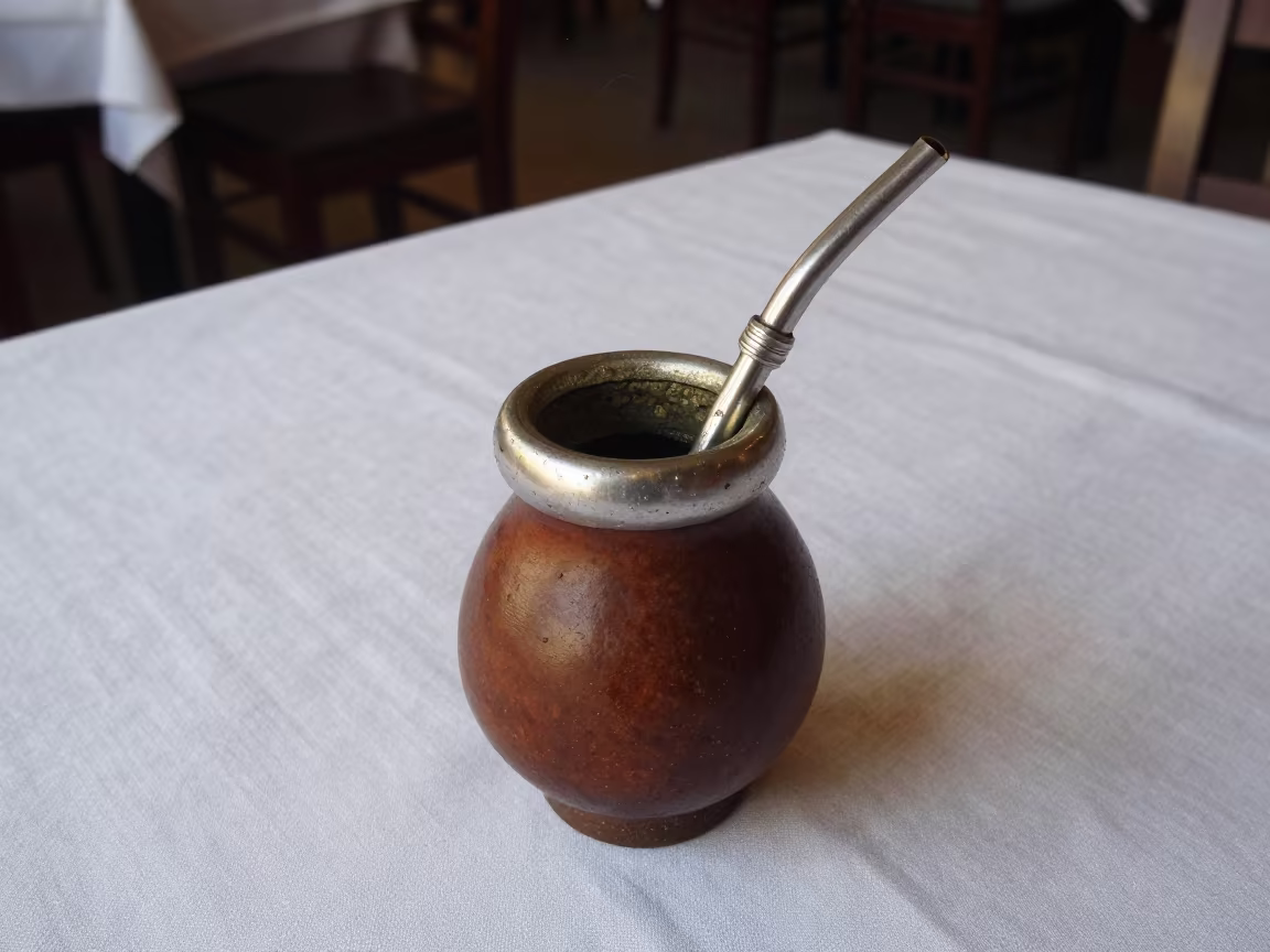 Argentine Yerba Mate Gourd on Linen Table in on a linen-covered restaurant table in Brisbane