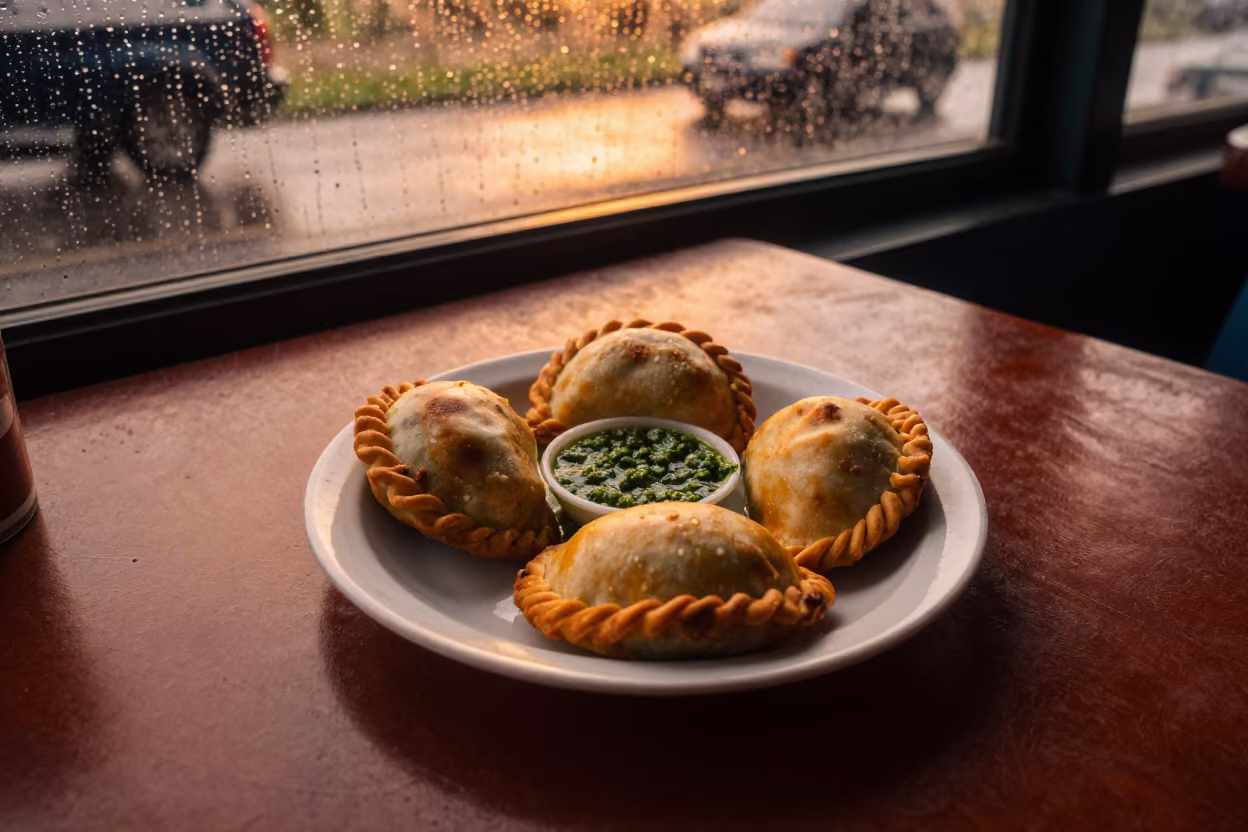 Argentinian Empanadas with Chimichurri on Diner Table in at a roadside diner table in Abeokuta