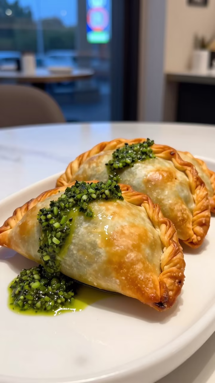 Argentinian Empanadas with Chimichurri on Hangzhou Marble in on a marble cafe table in Hangzhou