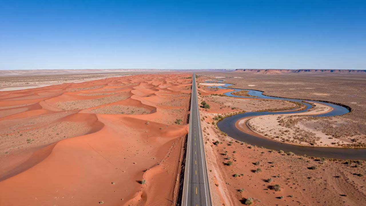 Arizona Desert Highway Vanishing Into Red Dunes in high above braided river channels in Arizona