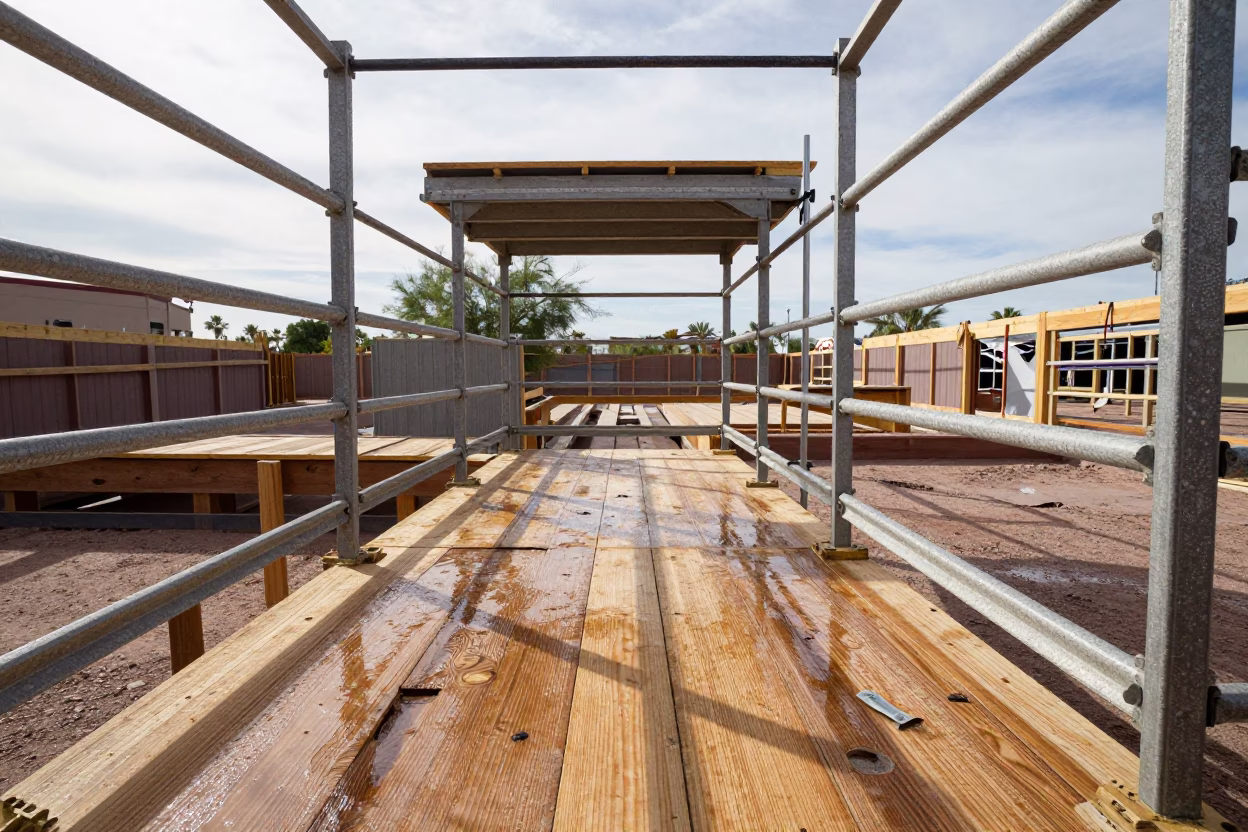 Arizona Scaffold with Wet Plywood and Tags in on an active construction deck in Arizona