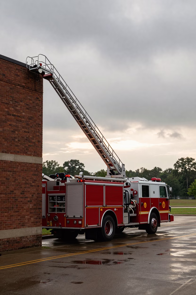 Arkansas Fire Engine Ladder Extended Morning Haze in in Arkansas