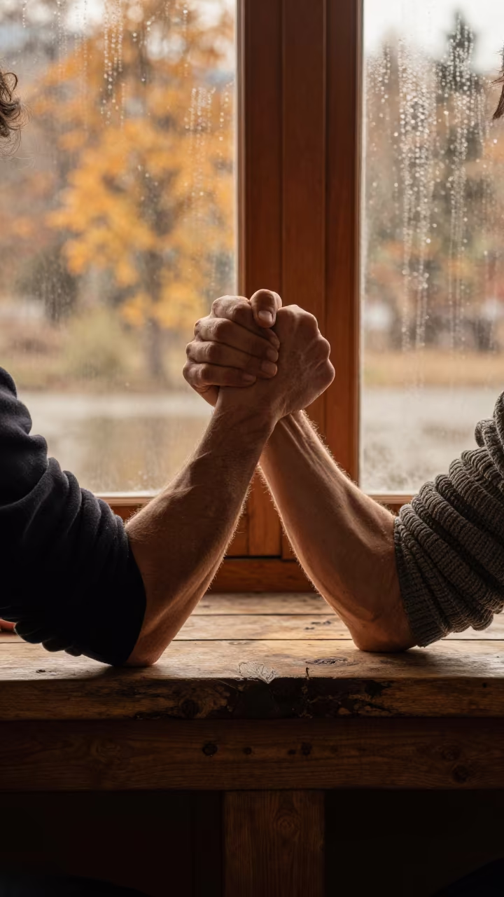 Arm Wrestling Match on Pier Railing at Sunset in on a pier railing in Aizawl