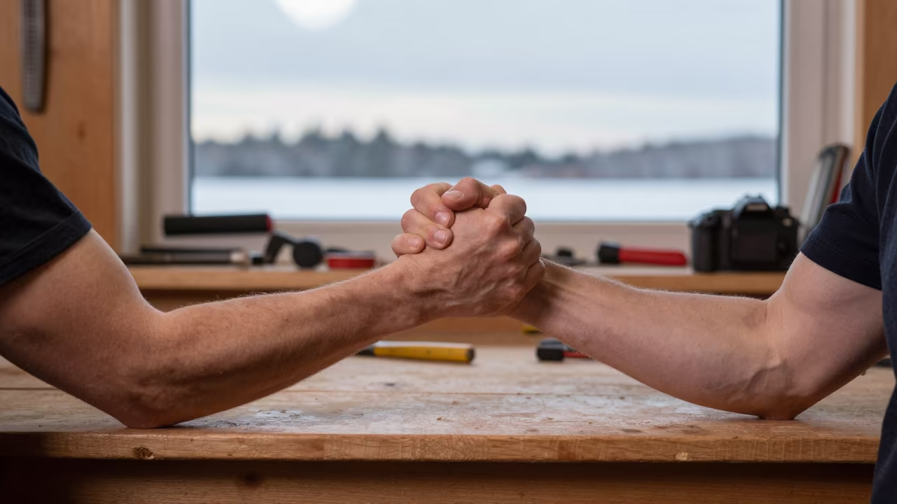Arm Wrestling Match on Workshop Shelf in Espoo in on a workshop shelf in Espoo