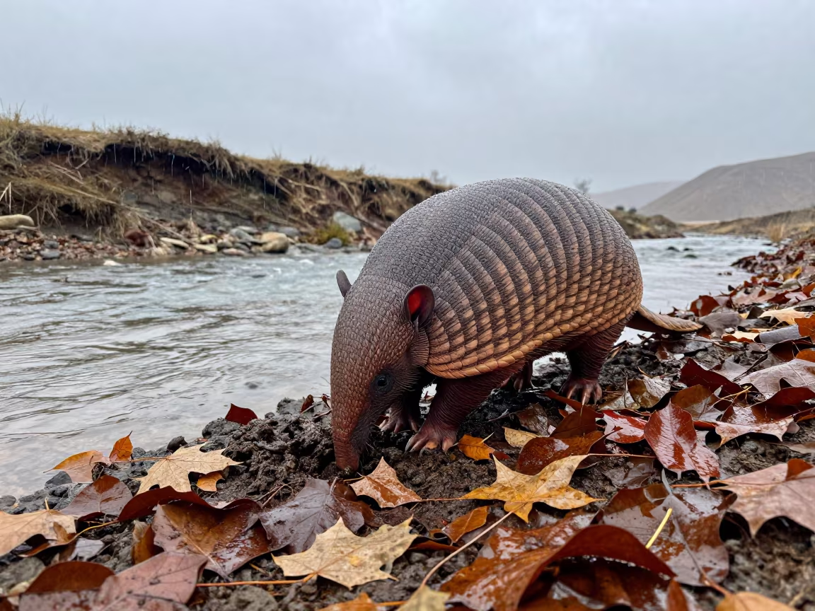 Armadillo Digging in Autumn Leaf Litter in above a glacial stream in Pakistan