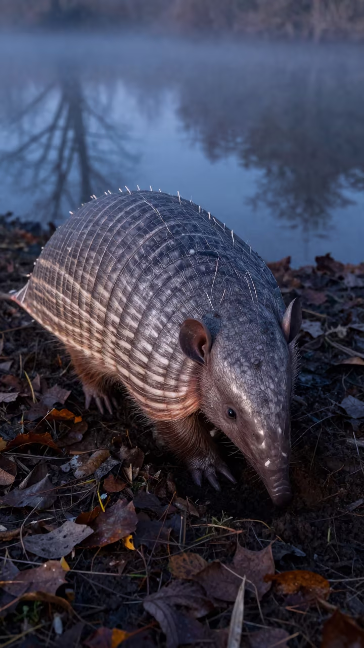 Armadillo Digging Winter Fog Near Cardiff in near Cardiff