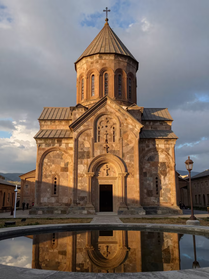 Armenian Church Facade at Dawn in Transylvanian Temple in in a lantern-lined temple precinct in Transylvania