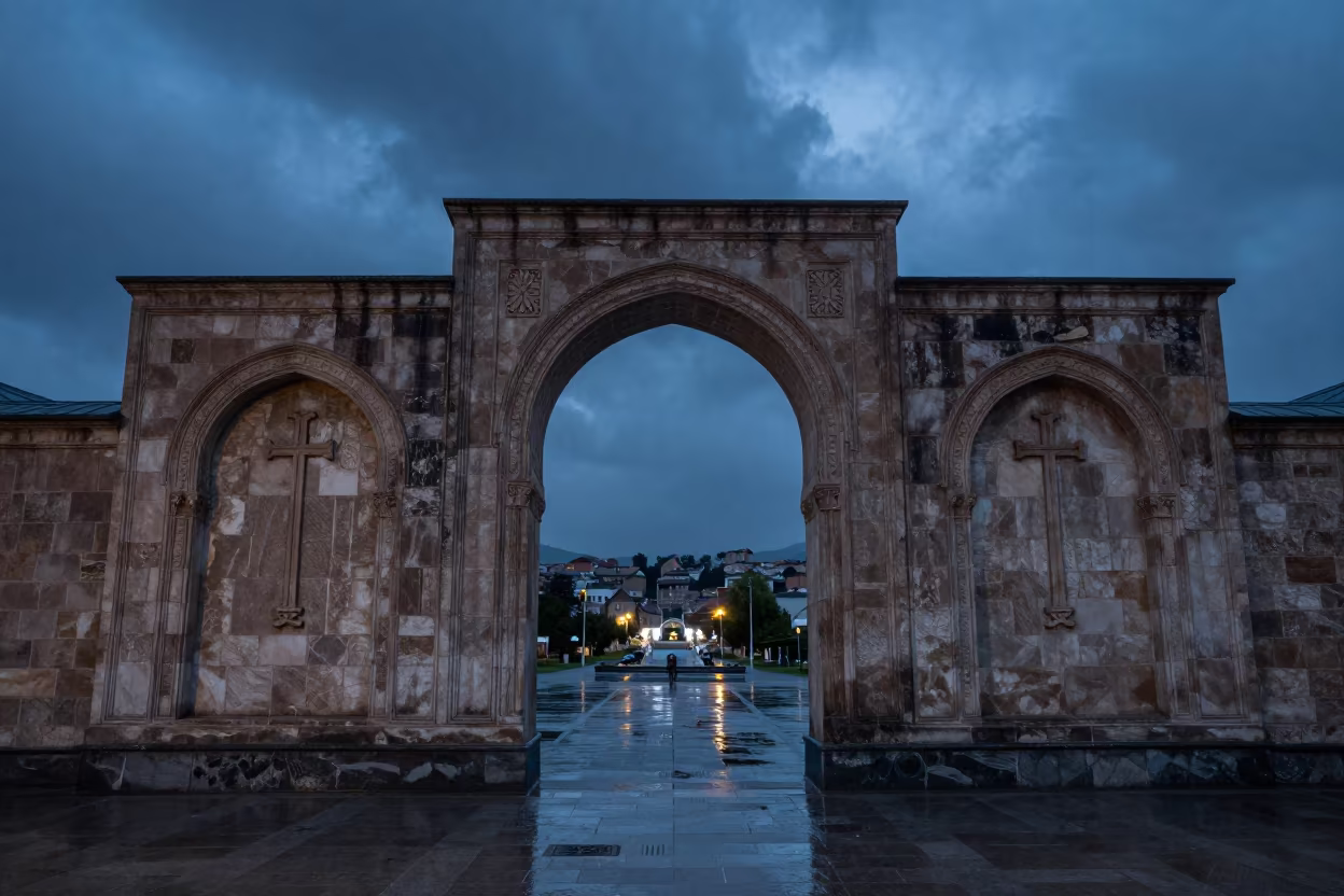 Armenian Church Facade Twilight Monsoon in across a formal civic plaza near Malatya