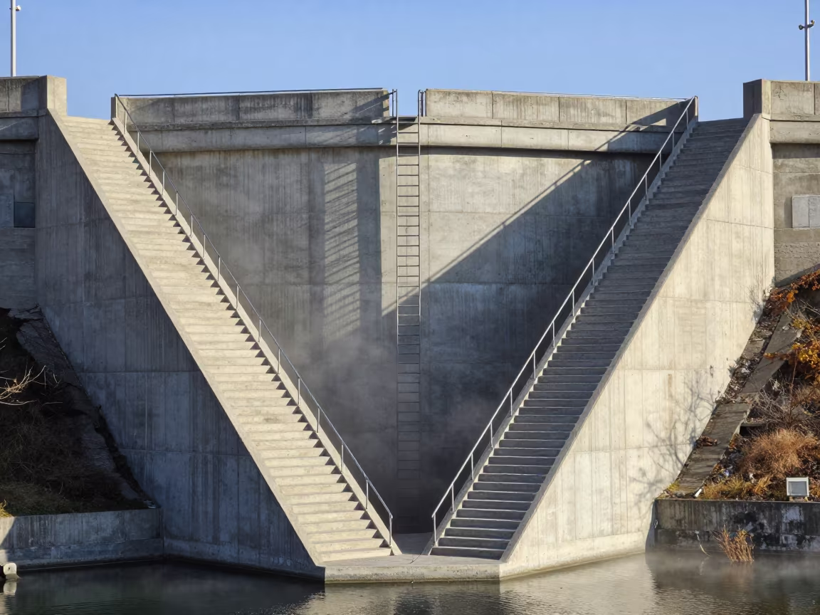 Armenian Reservoir Intake Tower in Autumn Light in beside a water tower ladder in Armenia