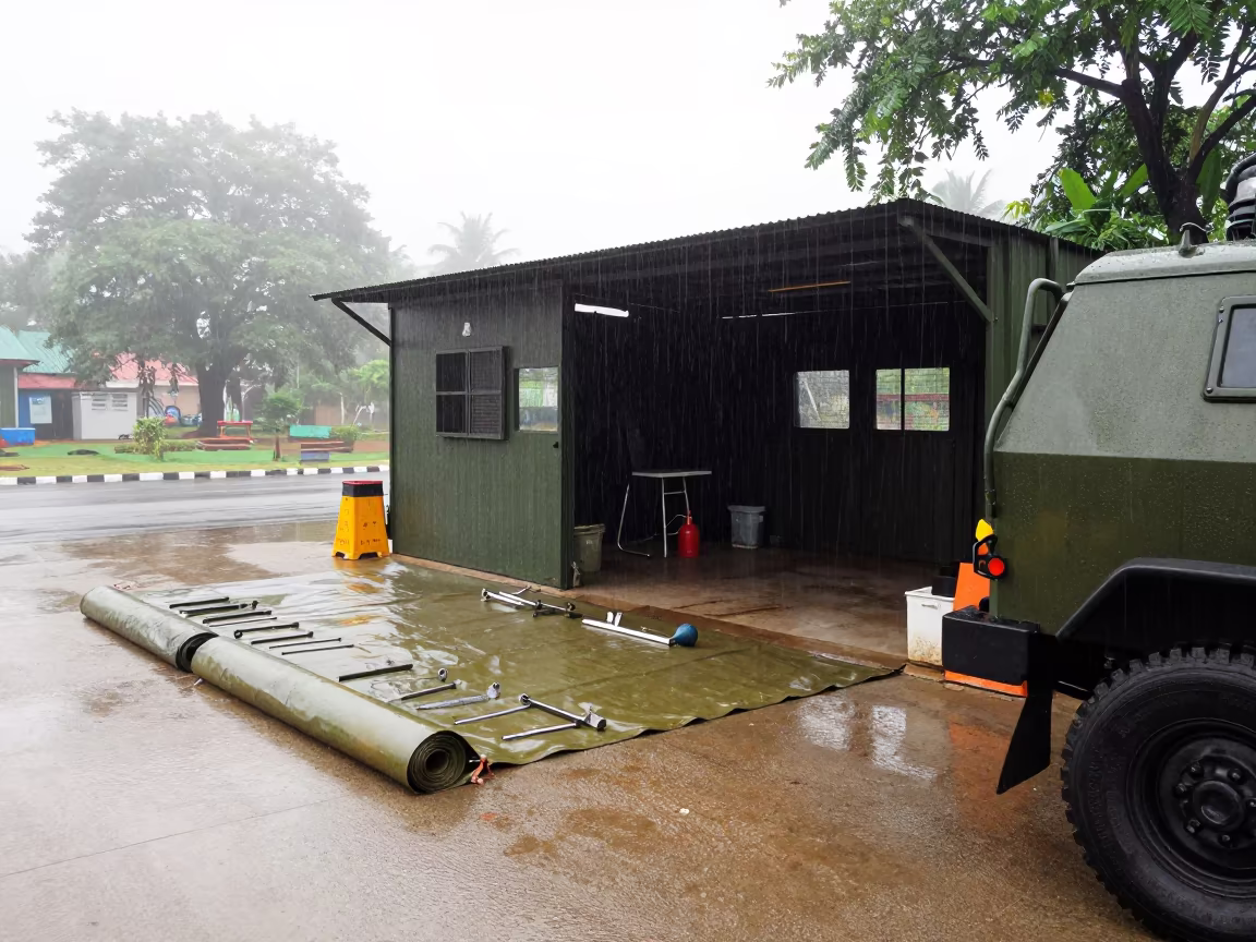 Armored Vehicle Maintenance Bay in Monsoon Mist in at a checkpoint lane in Nellore