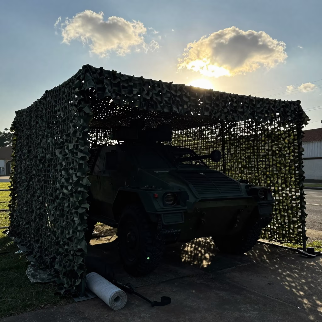 Armored Vehicle Maintenance in Early Morning Shadow in beneath a camouflage net shelter in São Paulo state