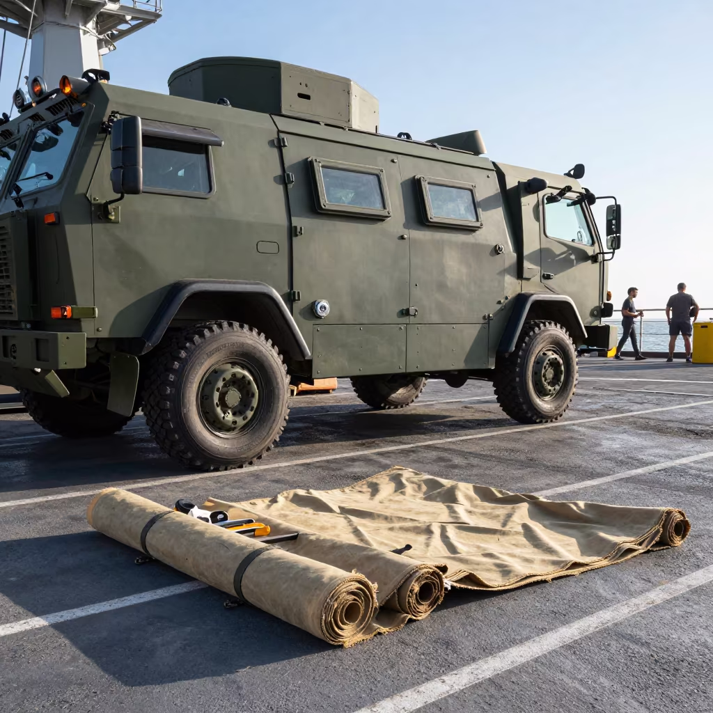Armored Vehicle Maintenance on Naval Deck in on a naval deck in rough wind near Sheberghan