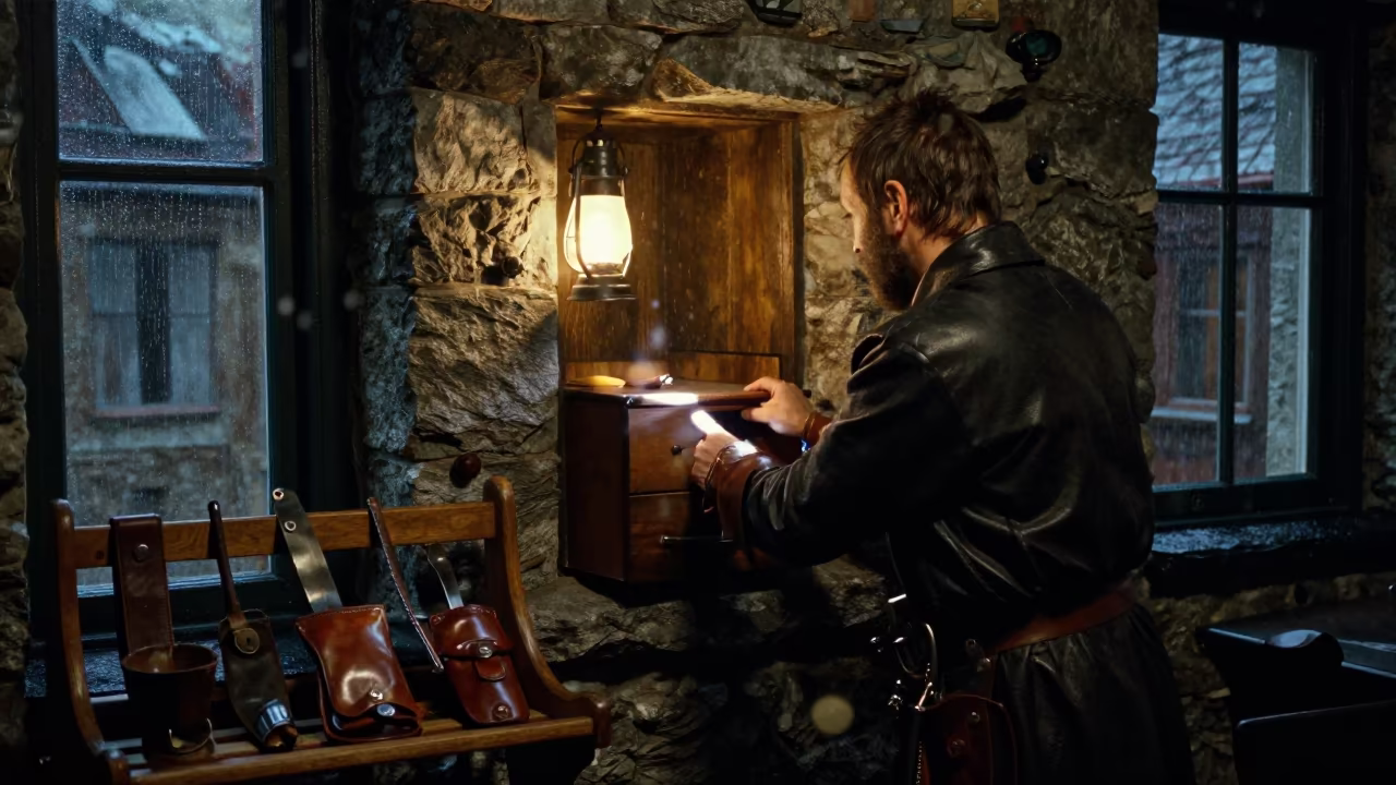 Armorer bore-light drawer before inspection in Old Quebec shrine in in a shrine lined with lanterns in Old Quebec, Quebec City