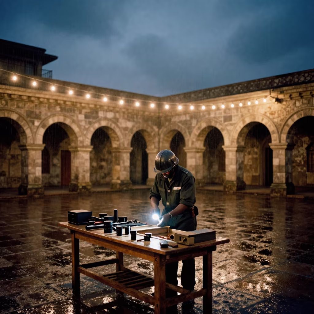 Armorer Preparing Gear in Lusaka Temple Courtyard in in a temple courtyard in Lusaka