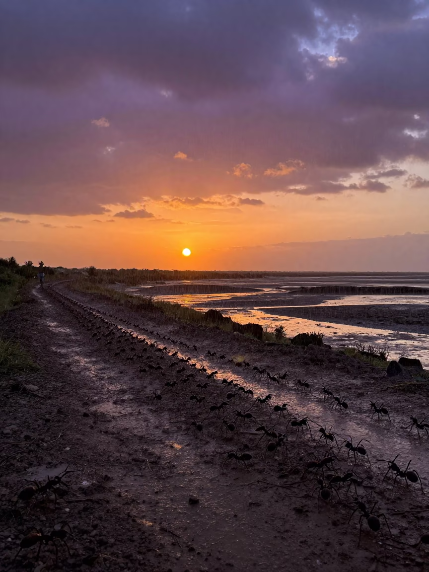 Army Ants Cross Muddy Trail at Sunset in beside a tidal inlet in Armenia