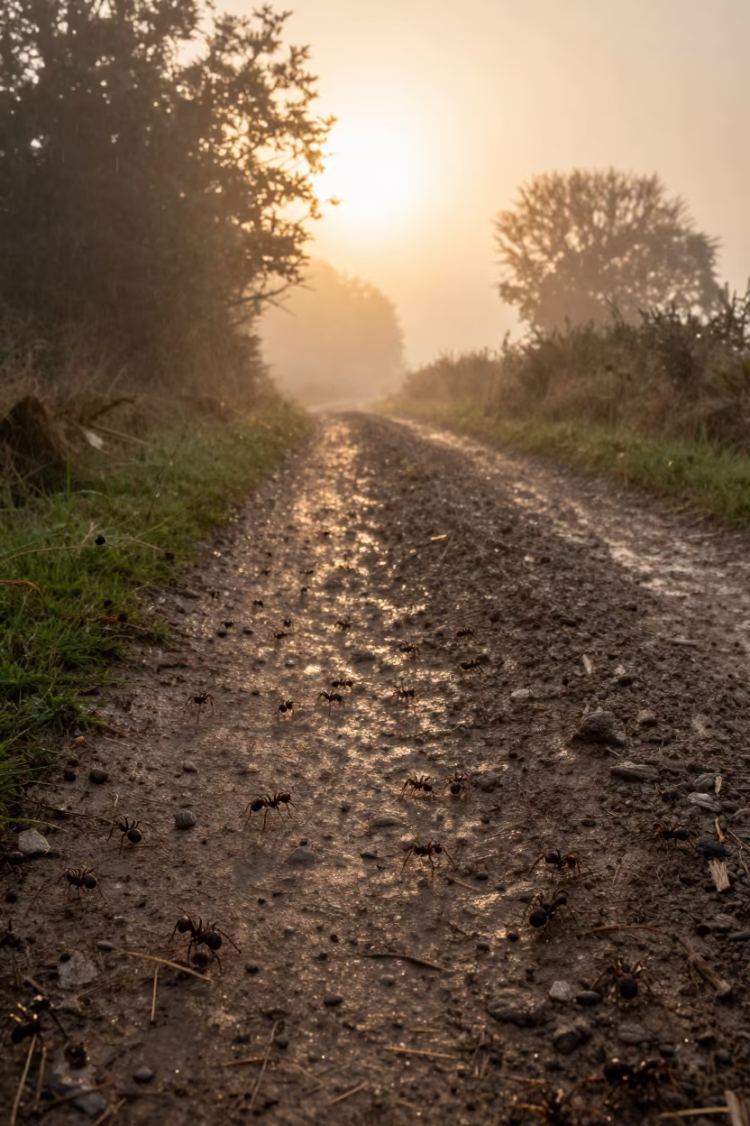 Army Ants Crossing Trail in Irish Monsoon Mist in in Ireland