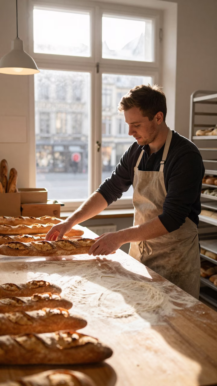 Arranging Baguettes in Brussels at Late Afternoon Light in in Brussels, Belgium