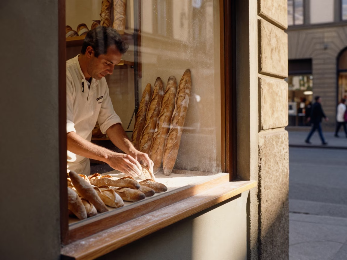 Arranging Baguettes in Florence in in Florence, Italy