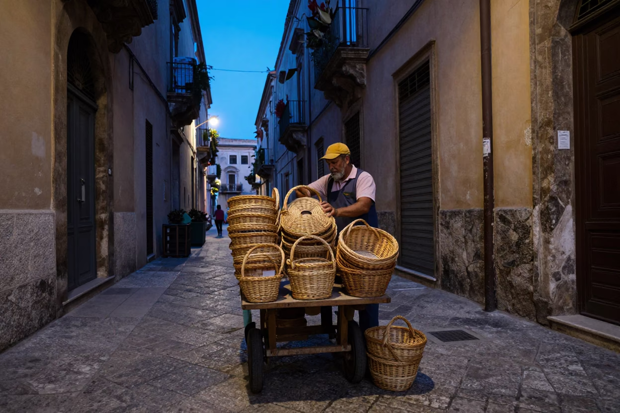 Arranging Baskets in Palermo in in Palermo, Italy
