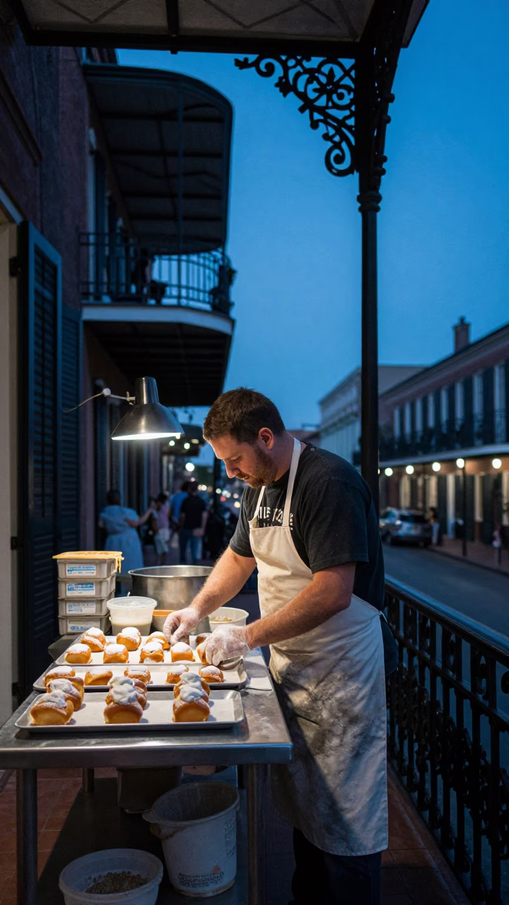 Arranging Beignets in New Orleans in in New Orleans, Louisiana, United States