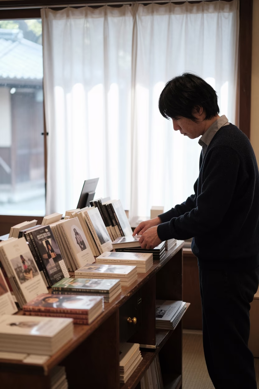 Arranging Books in Kyoto at As First Light Reaches The Scene in in Kyoto, Japan