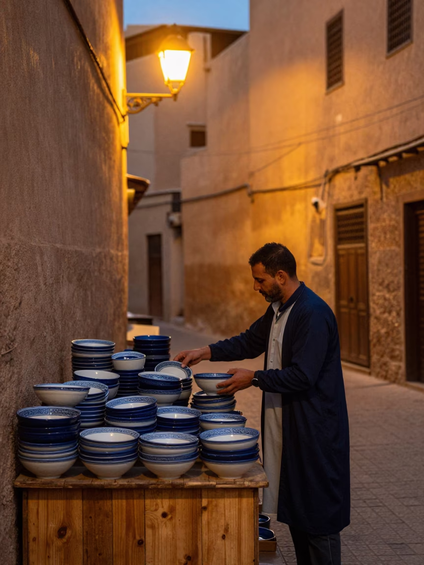 Arranging Bowls in Fez in in Fez, Morocco