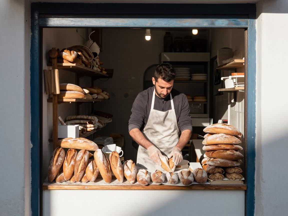 Arranging Bread in Athens in in Athens, Greece