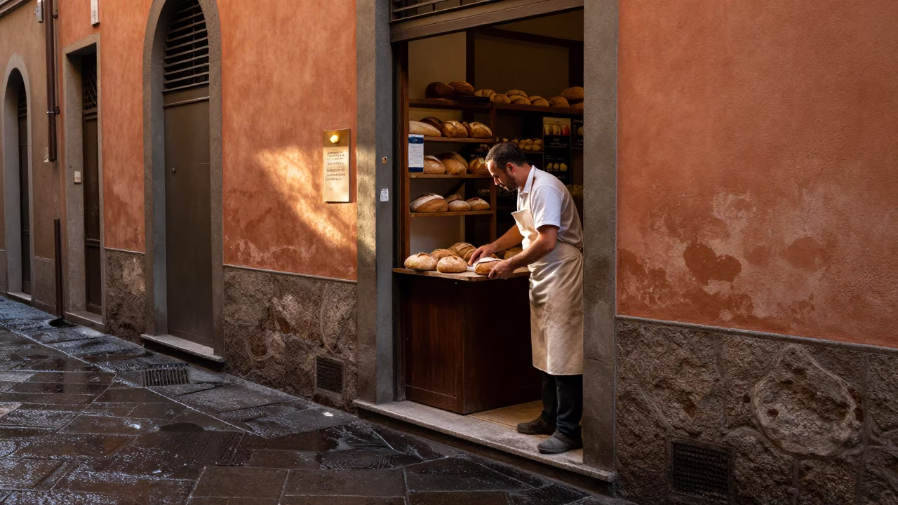 Arranging Bread in Bologna in in Bologna, Italy