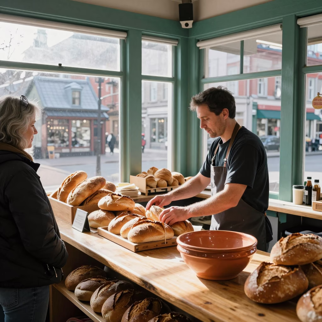 Arranging Bread in Montreal in in Montreal, Quebec, Canada