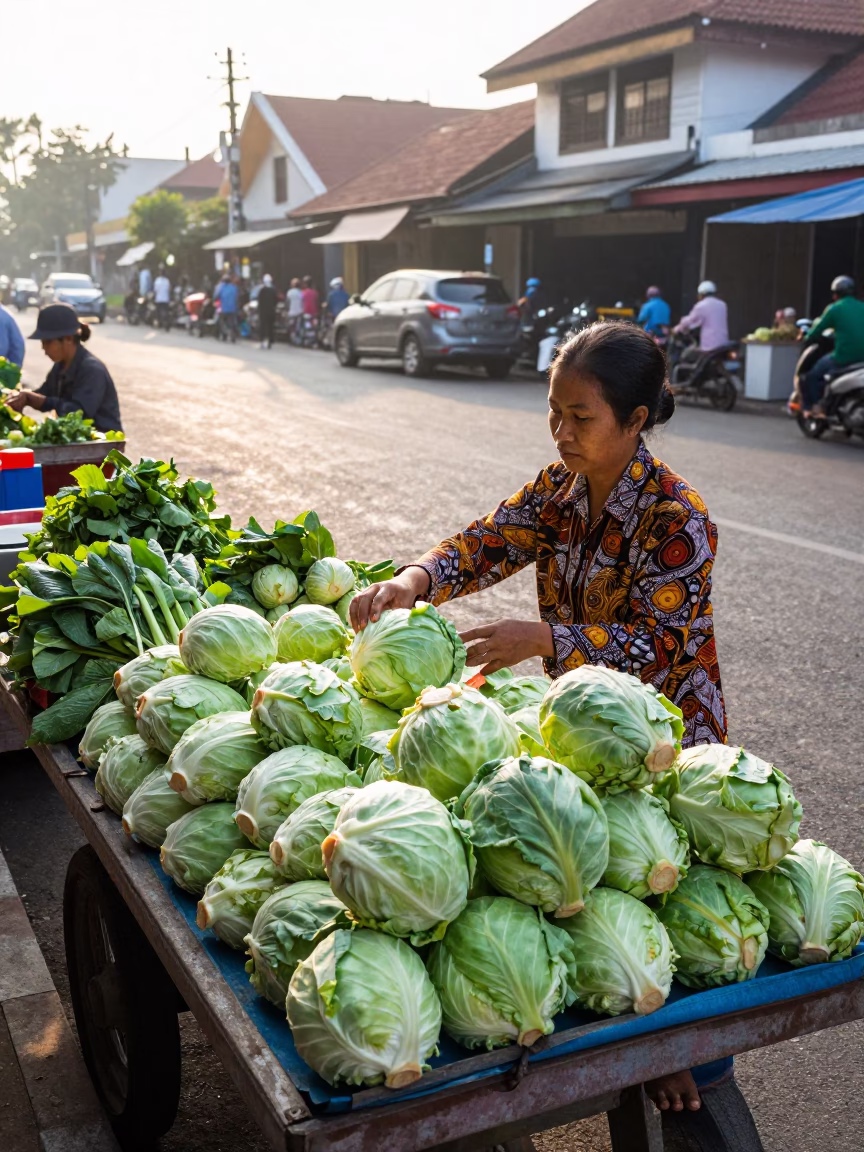 Arranging Cabbages in Denpasar in in Denpasar, Indonesia