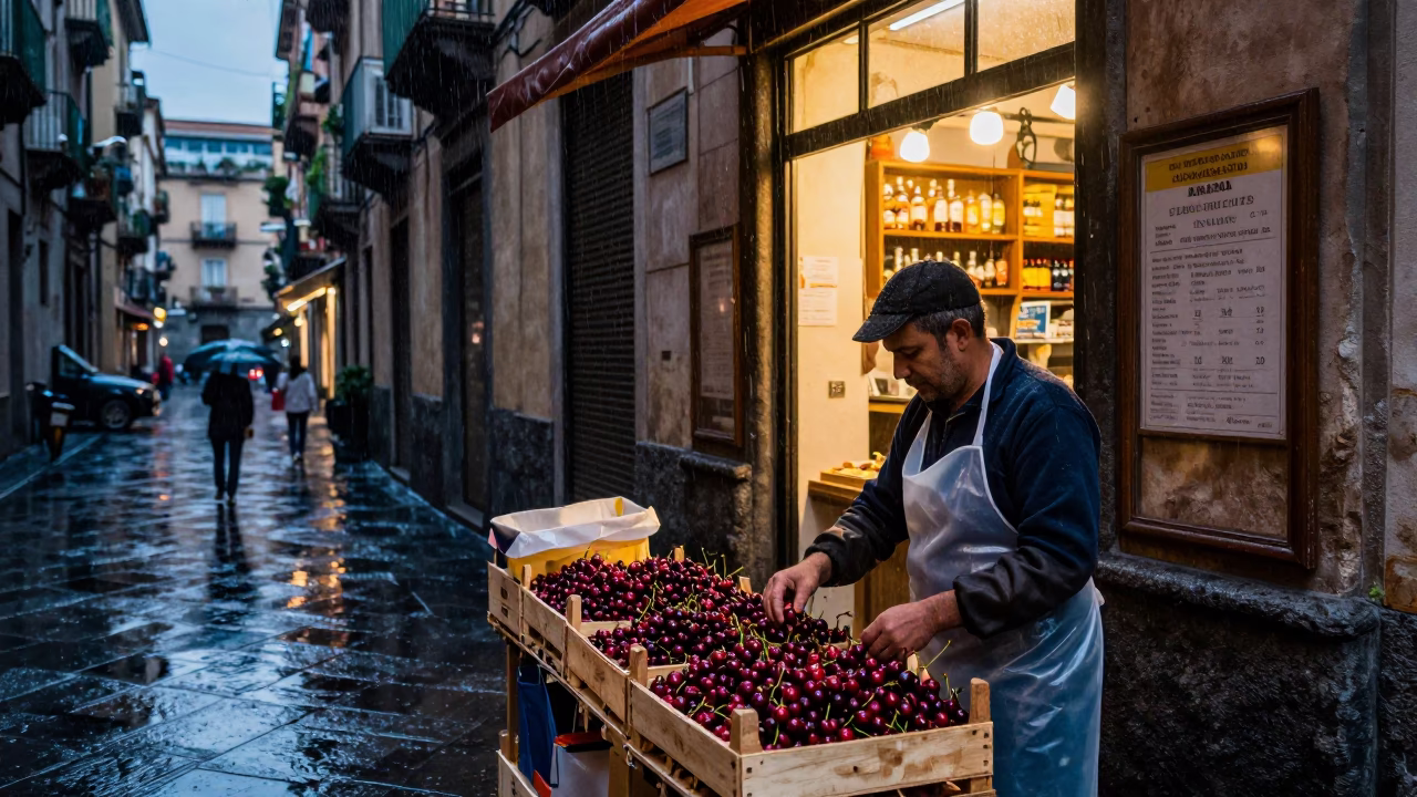 Arranging Cherries in Naples in in Naples, Italy